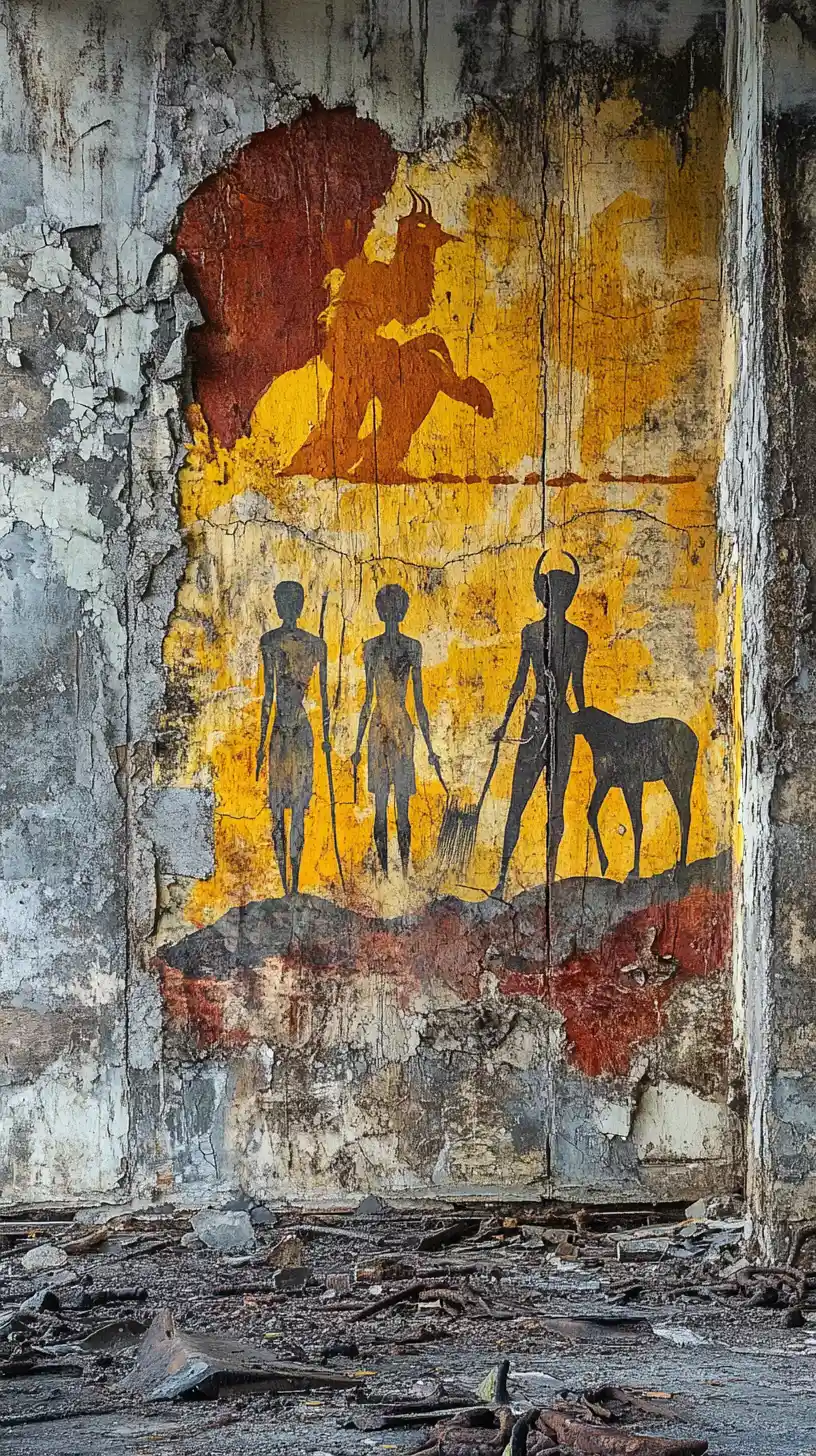 Colorful rock art mural on a decaying concrete factory wall