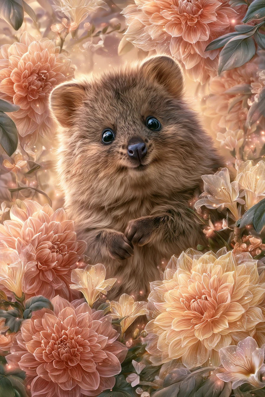 Quokka curioso en jardín de flores de fantasía resplandeciente