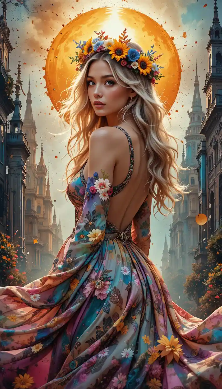 Bohemian woman in floral dress with radiant sun halo