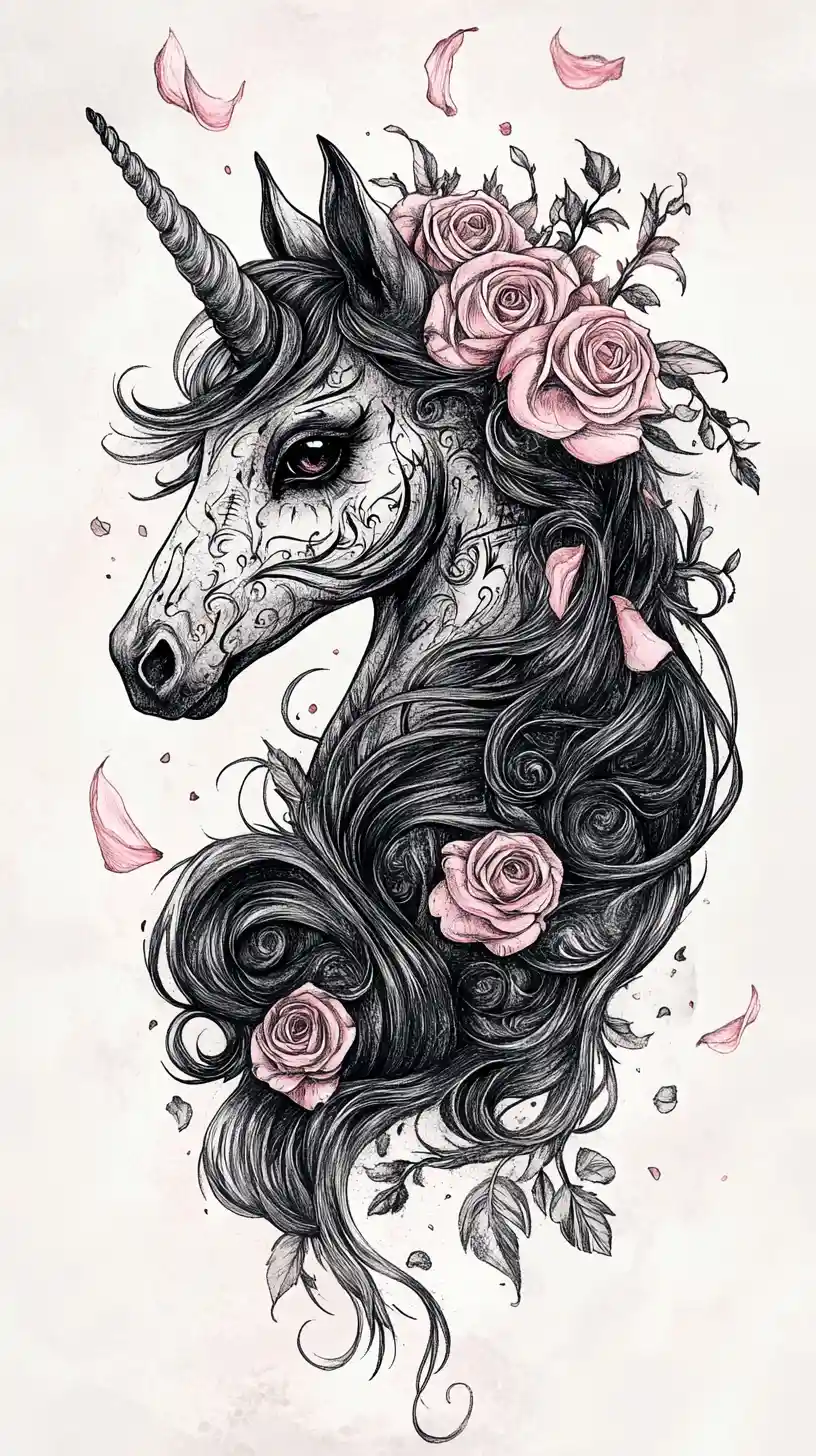 Ink formed unicorn with roses in dark fairytale style