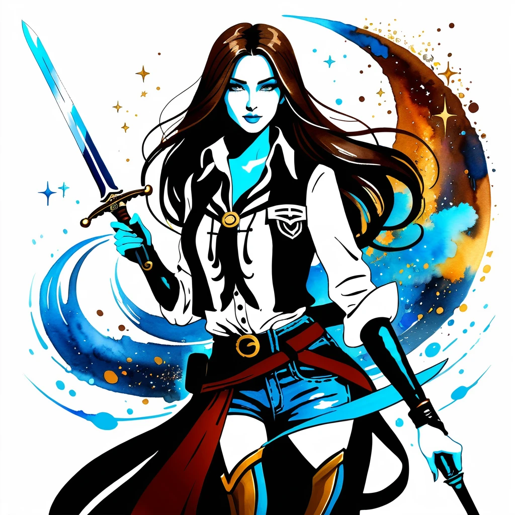 Gemini twin women with magical swords and swirling glyphs