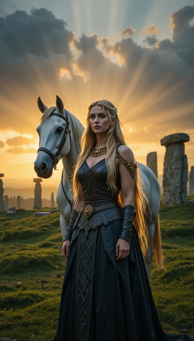 Celtic queen with white horse beneath stormy golden sunset