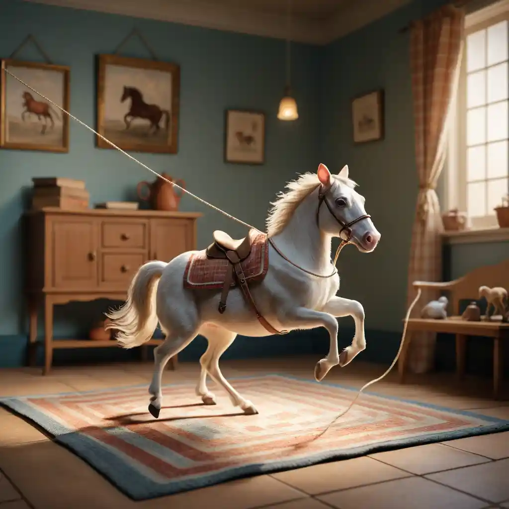 Brave mouse holding back a tiny horse in a cozy room