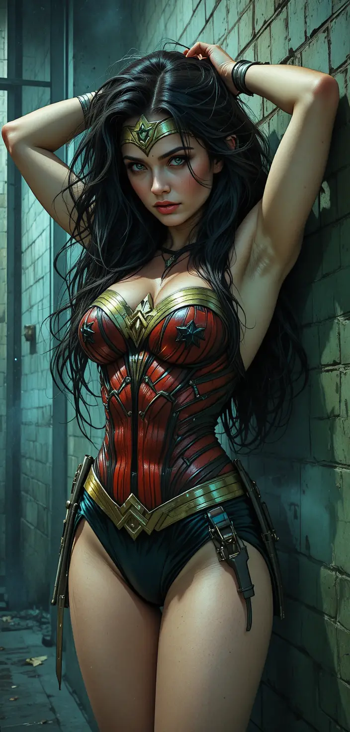 Mysterious pin up warrior woman in a dark prison cell