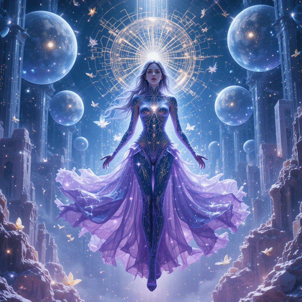 Techno oracle woman in a luminous digital cosmos