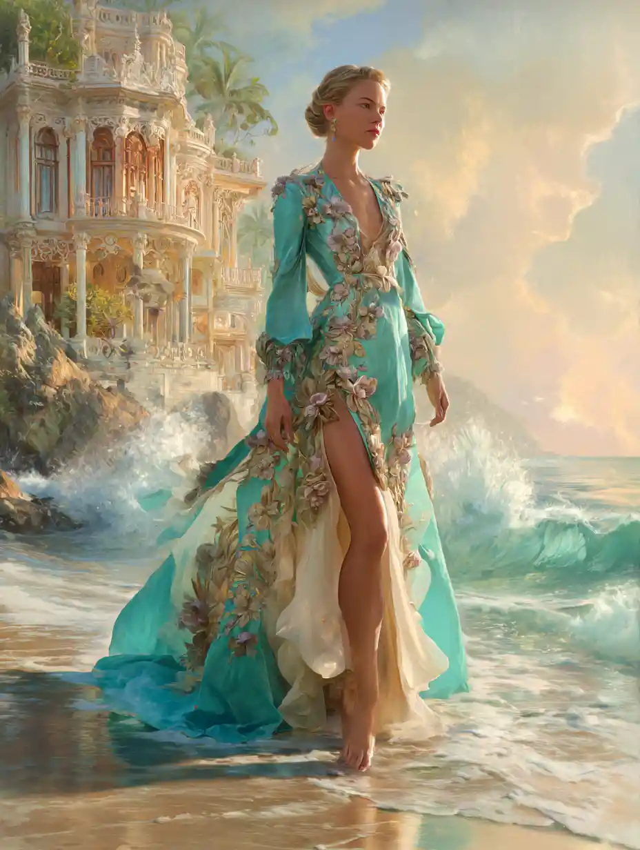 Elegant fashion woman by a glowing tropical shoreline