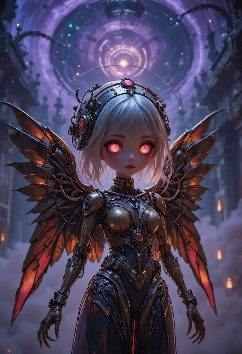 Surreal cybernetic angel with chibi face in cosmic void