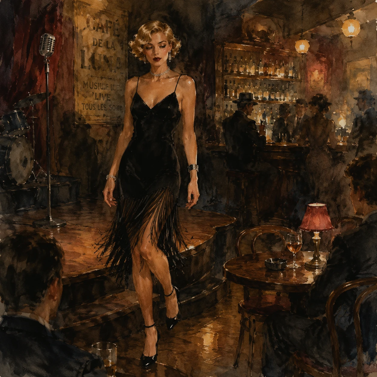 Blonde Woman Leaving Stage In Vintage Cafe Bar