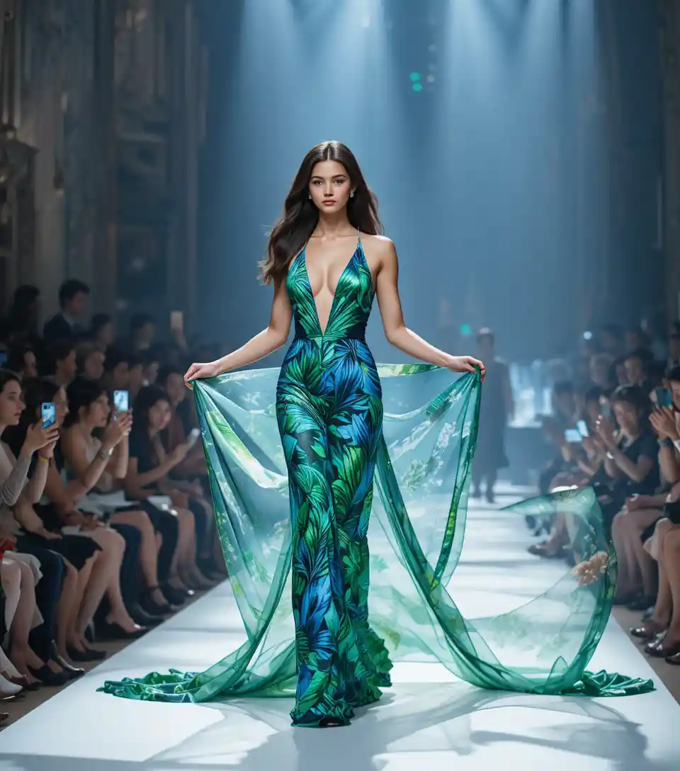 Confident latina model on runway in tropical swimsuit