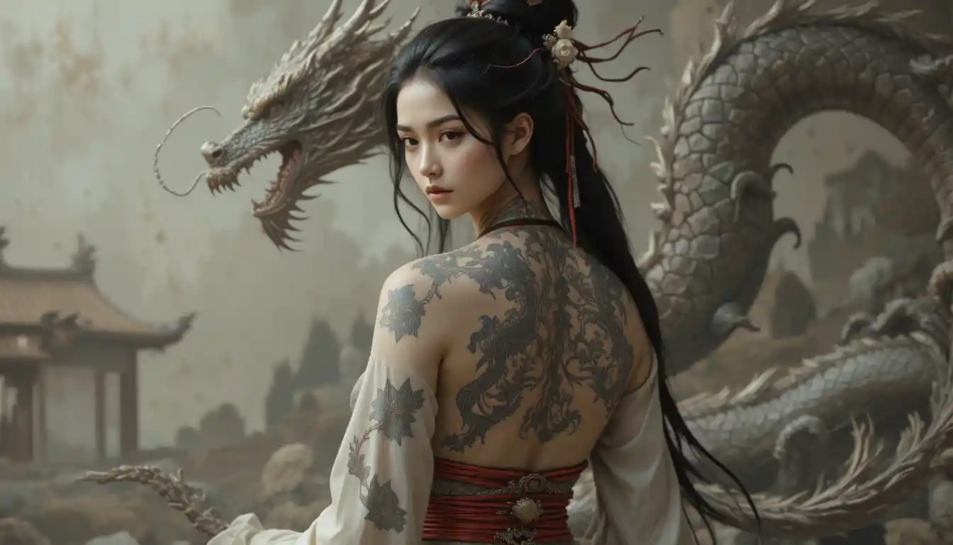 Asiatische Frau mit Drachen-Tattoo in Fantasy-Illustration
