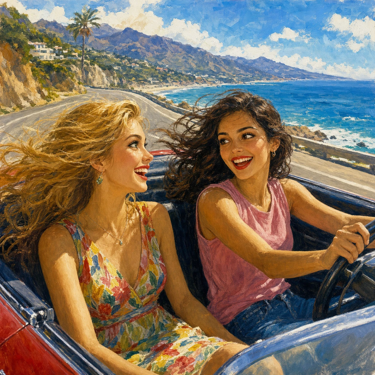 Two friends in a convertible on a sunny coastal road