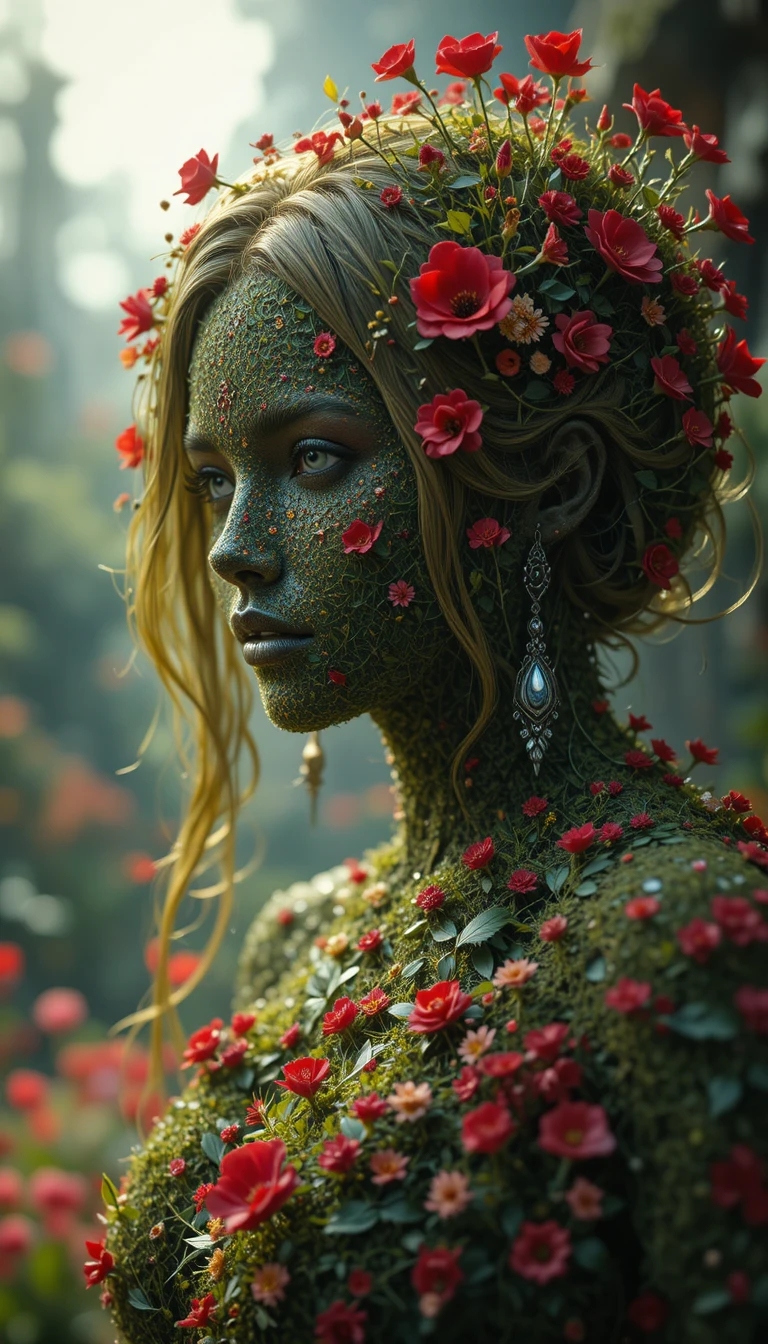 Grass and red flower woman in dark fantasy full body view