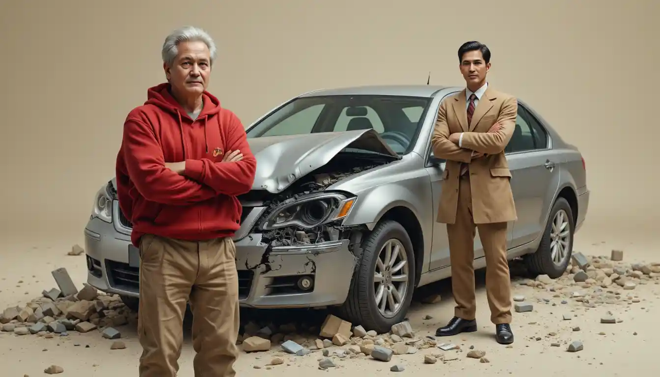 Two men beside a wrecked silver car in soft light