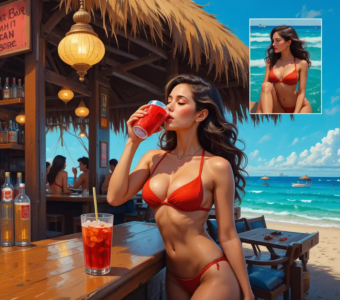 Woman at beach bar drinking from a bright red cup