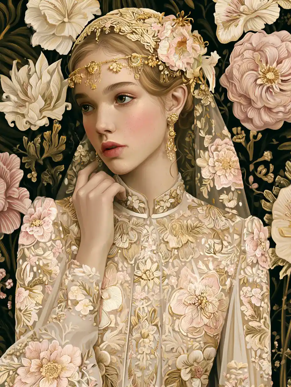 Elegant woman in tropical couture gown with gold details