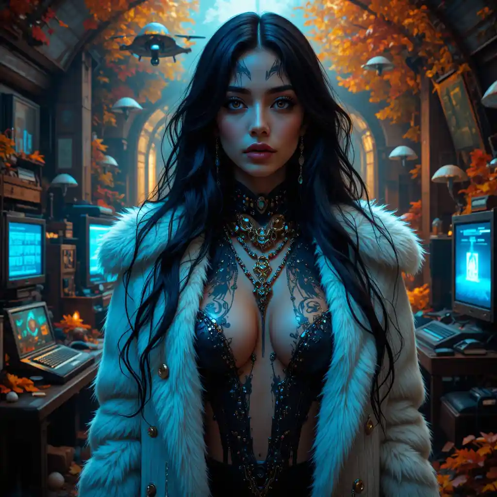 Femme fatale portrait in a futuristic autumn hacker forest