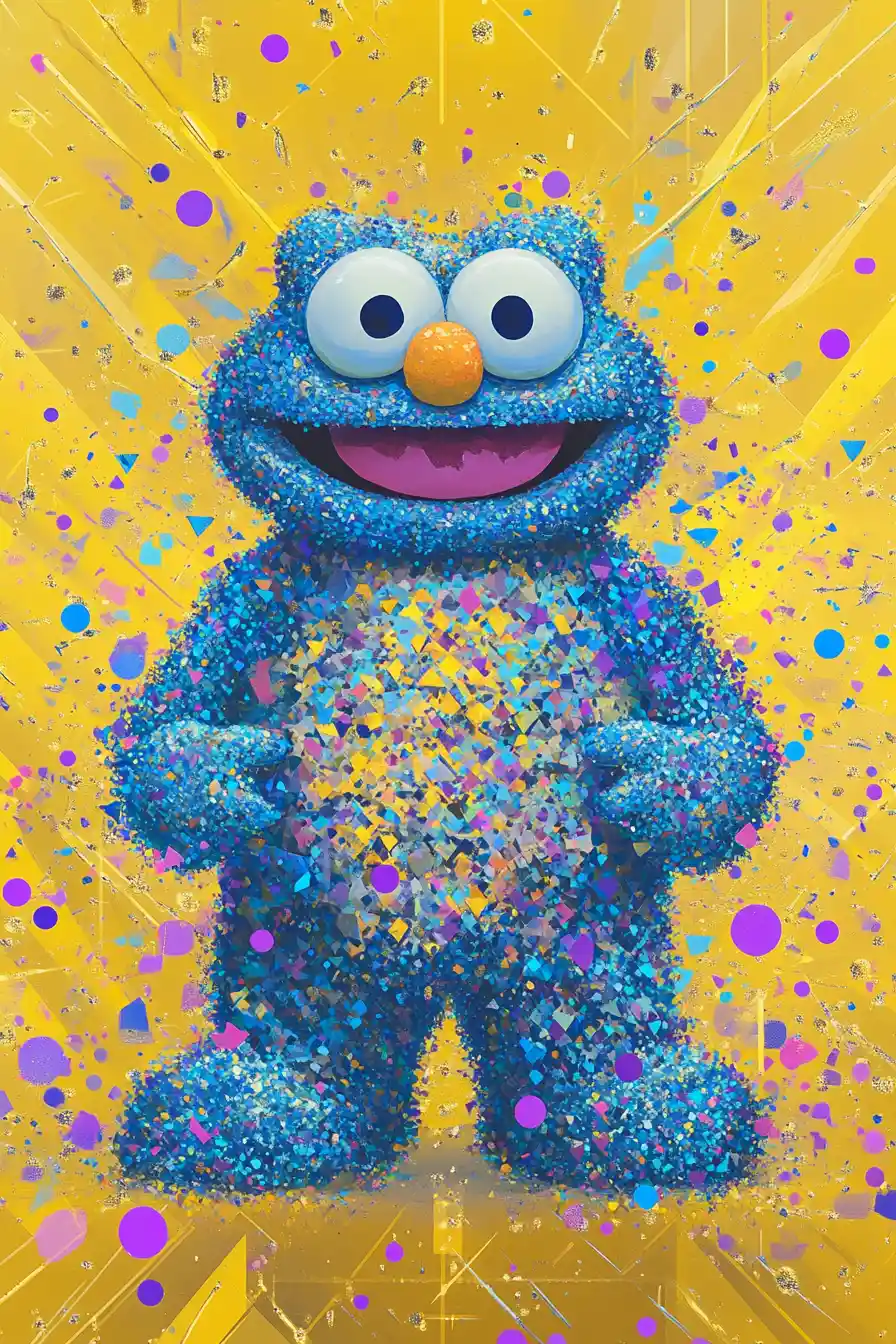 Monstruo azul juguetón hecho de partículas prismáticas geométricas