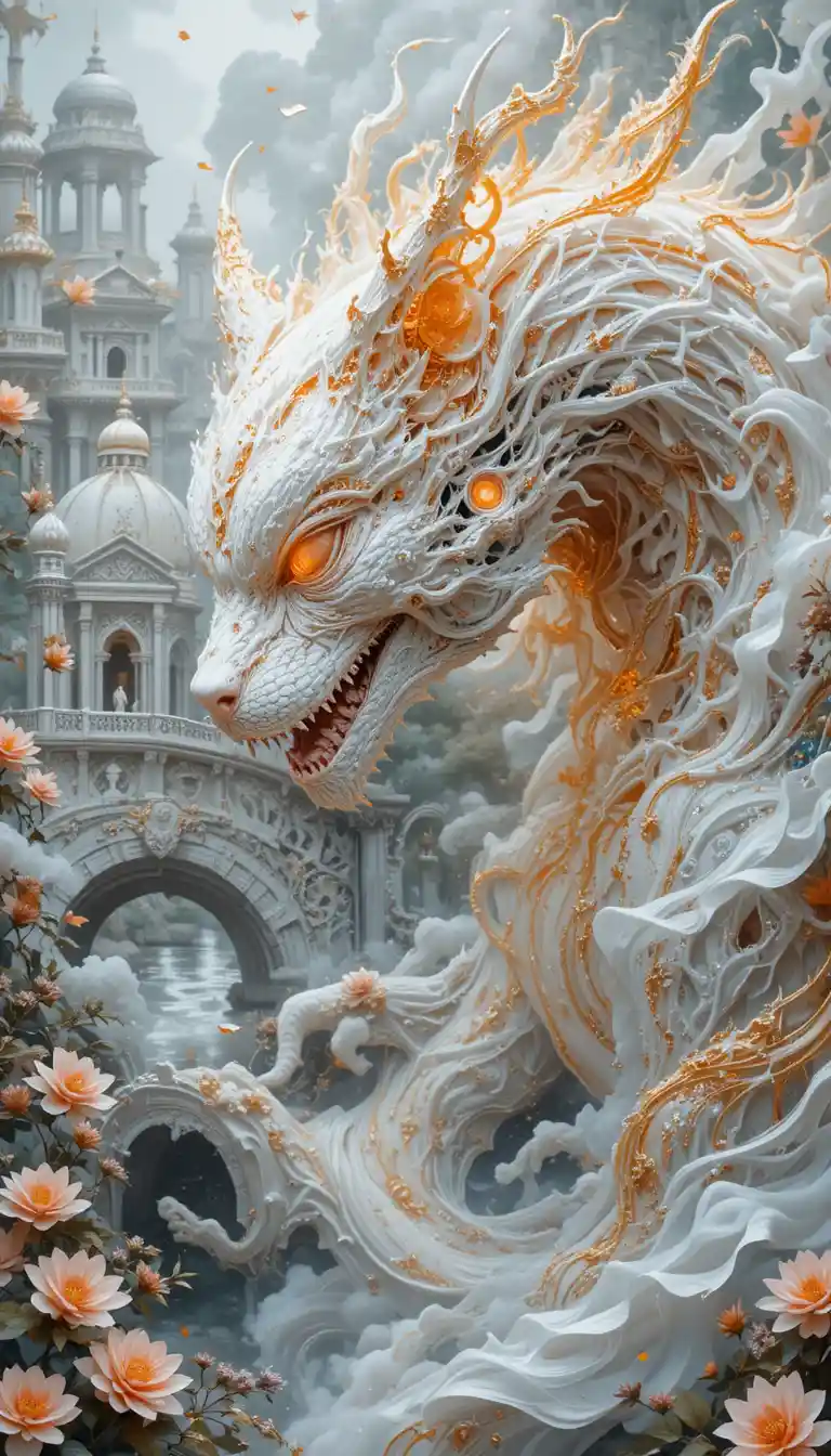 Mythical spirit creature near a white fantasy palace