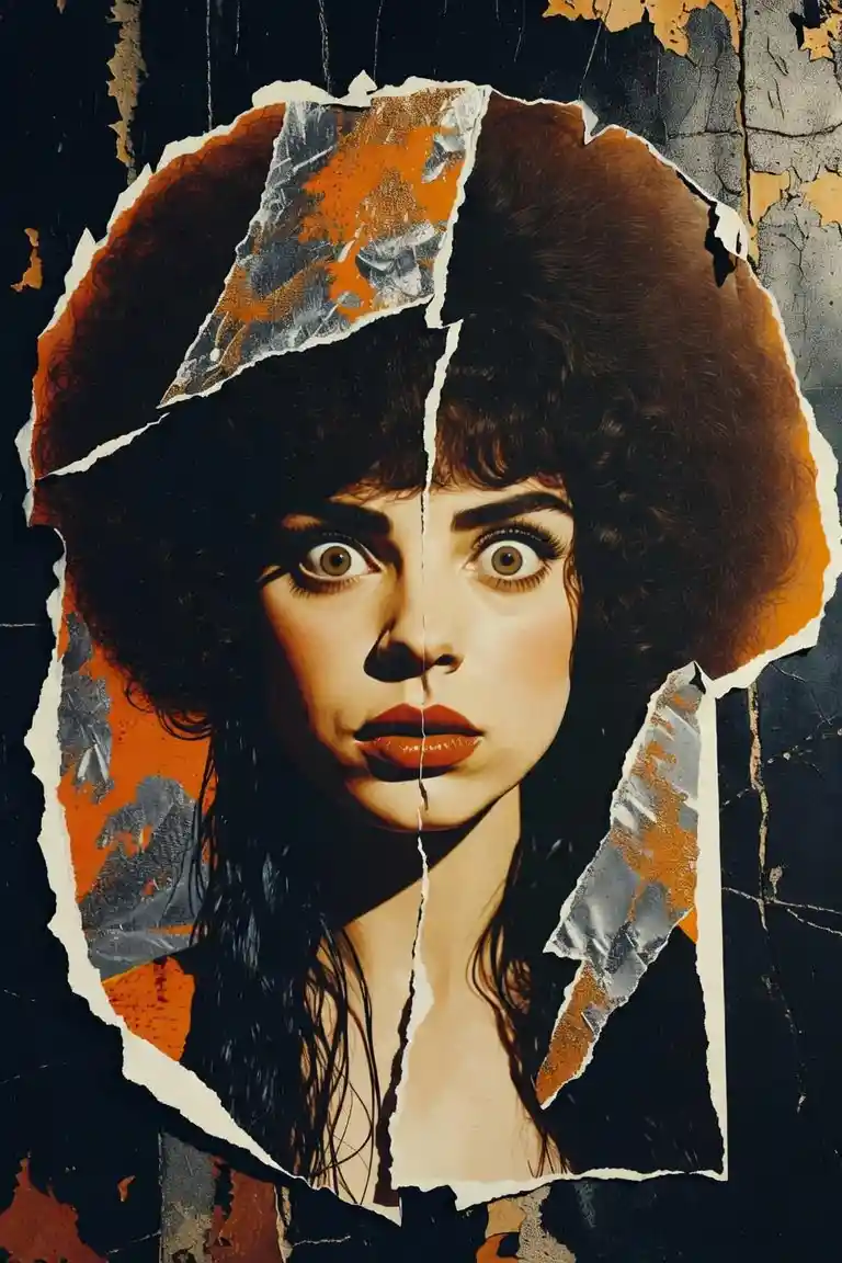 Ripped portrait of a hazel eyed woman with red lips