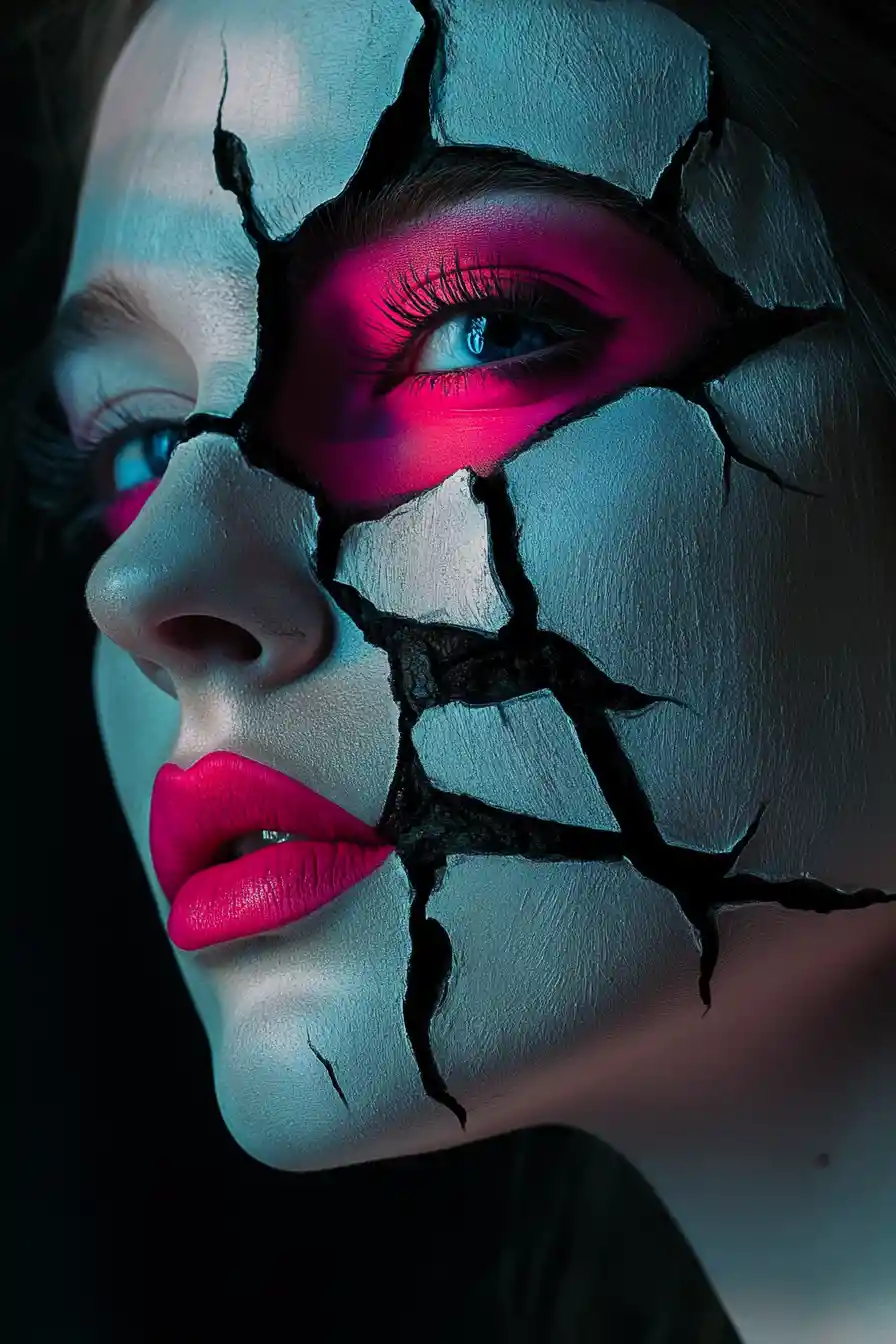 Surreal portrait of a woman with cracked porcelain makeup