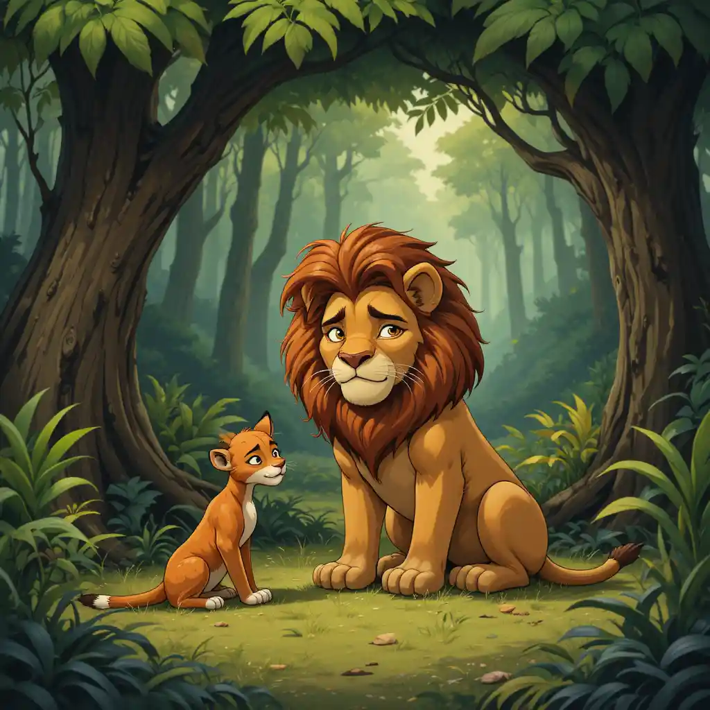 Brave lion walking alone through the dense jungle