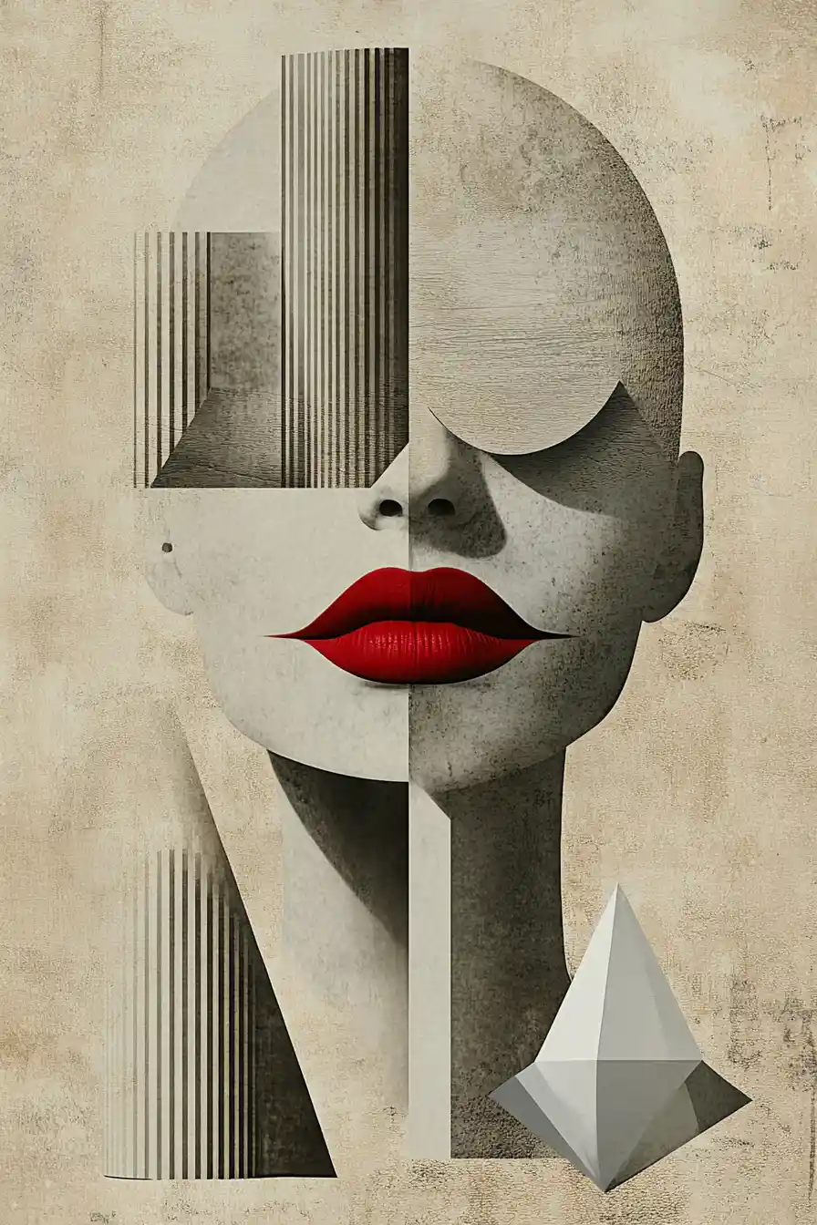 Geometric abstract head with red lips and white shapes