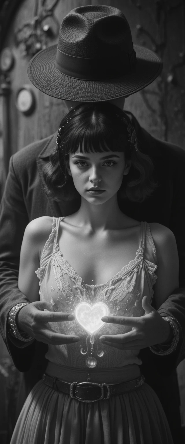 Private detective holding a woman in dramatic studio scene