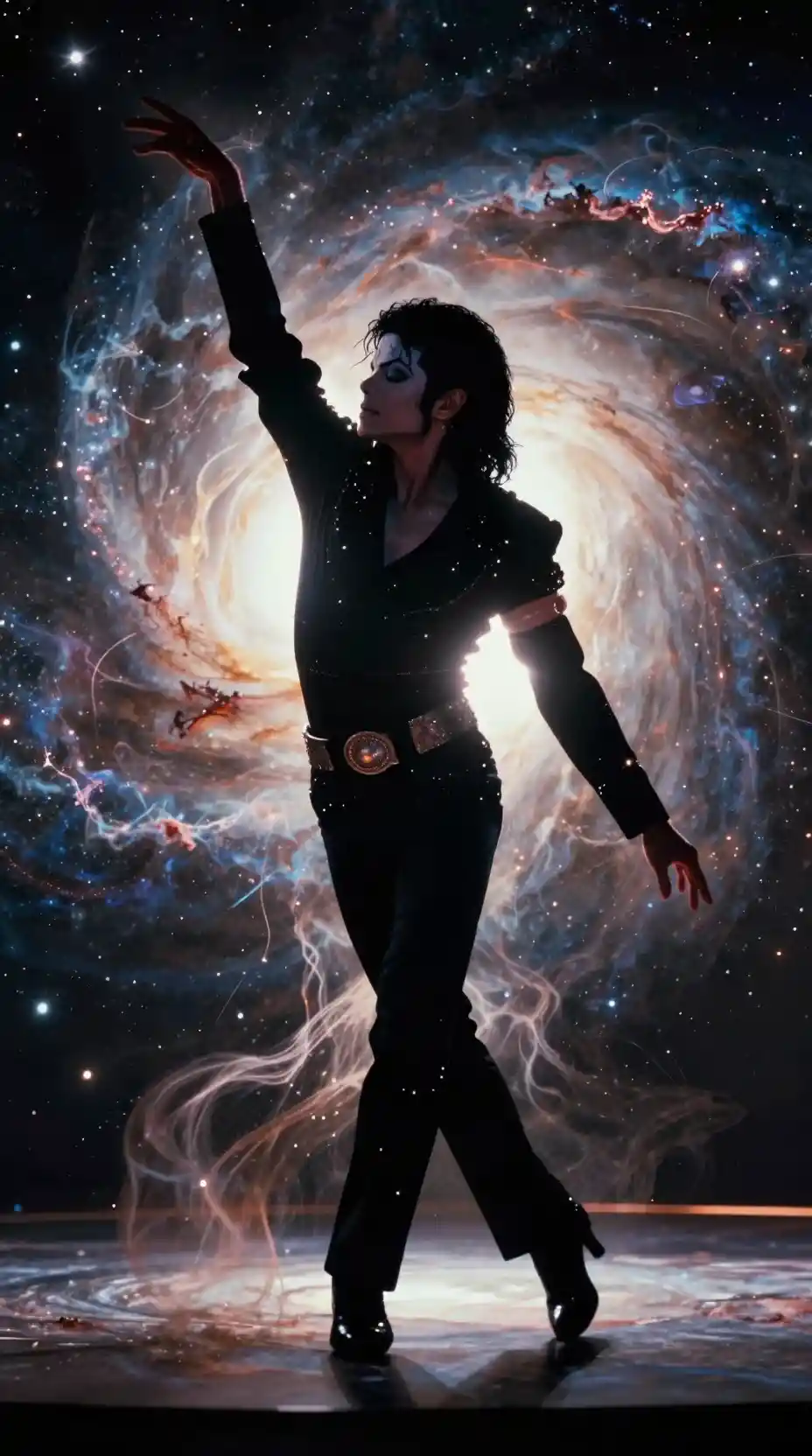 Celestial dancer silhouetted against swirling cosmic galaxies