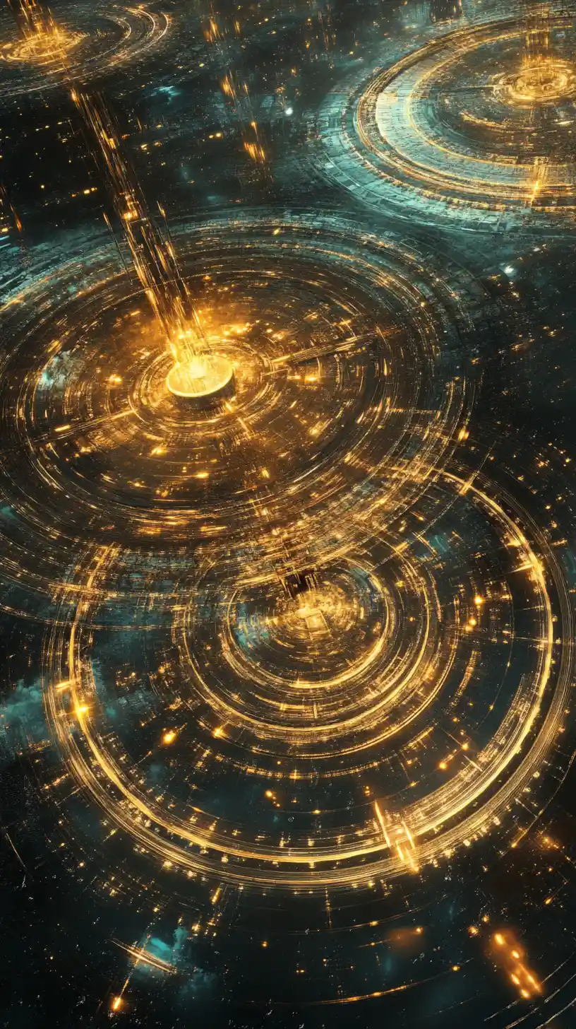 Glowing River Flowing Through Interlocking Surreal Clock Rings