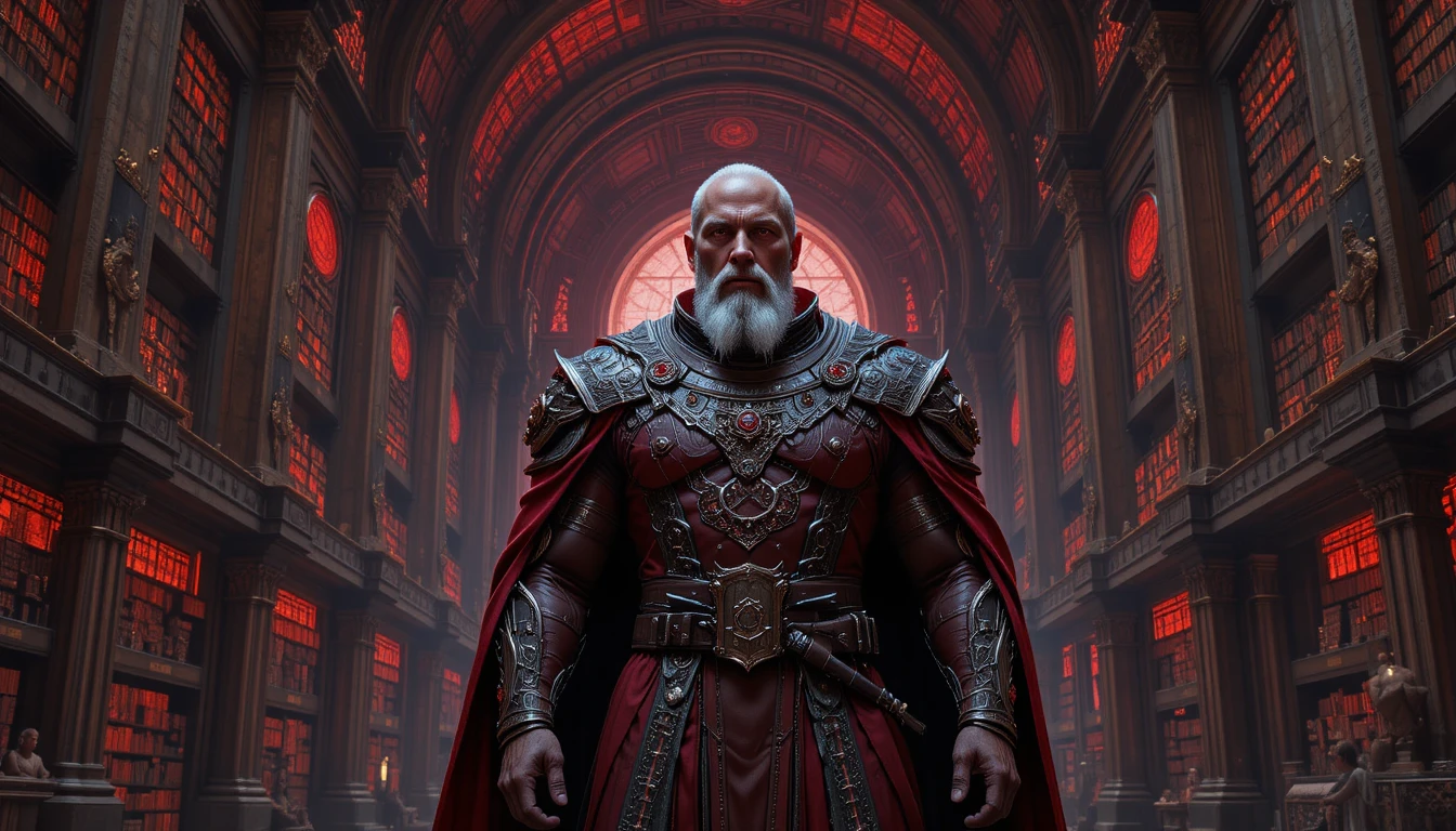 Ancient fantasy scholar in a vast crimson archive hall