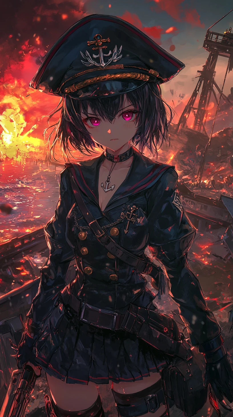 Guerriera anime con spada e fucile in zona di guerra