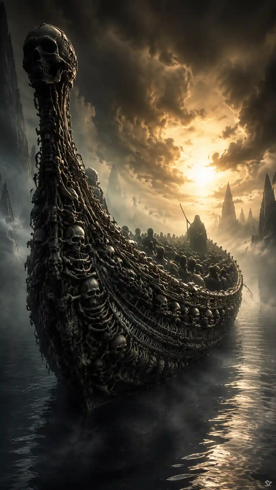 Colossal ship of skulls sailing toward a glowing horizon