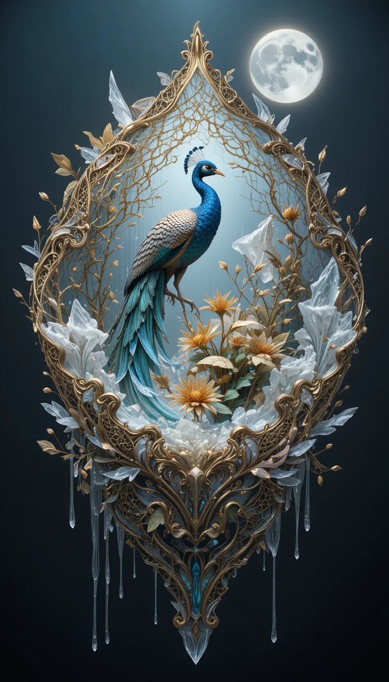 Abstract peacock bird sculpture glowing in moonlight