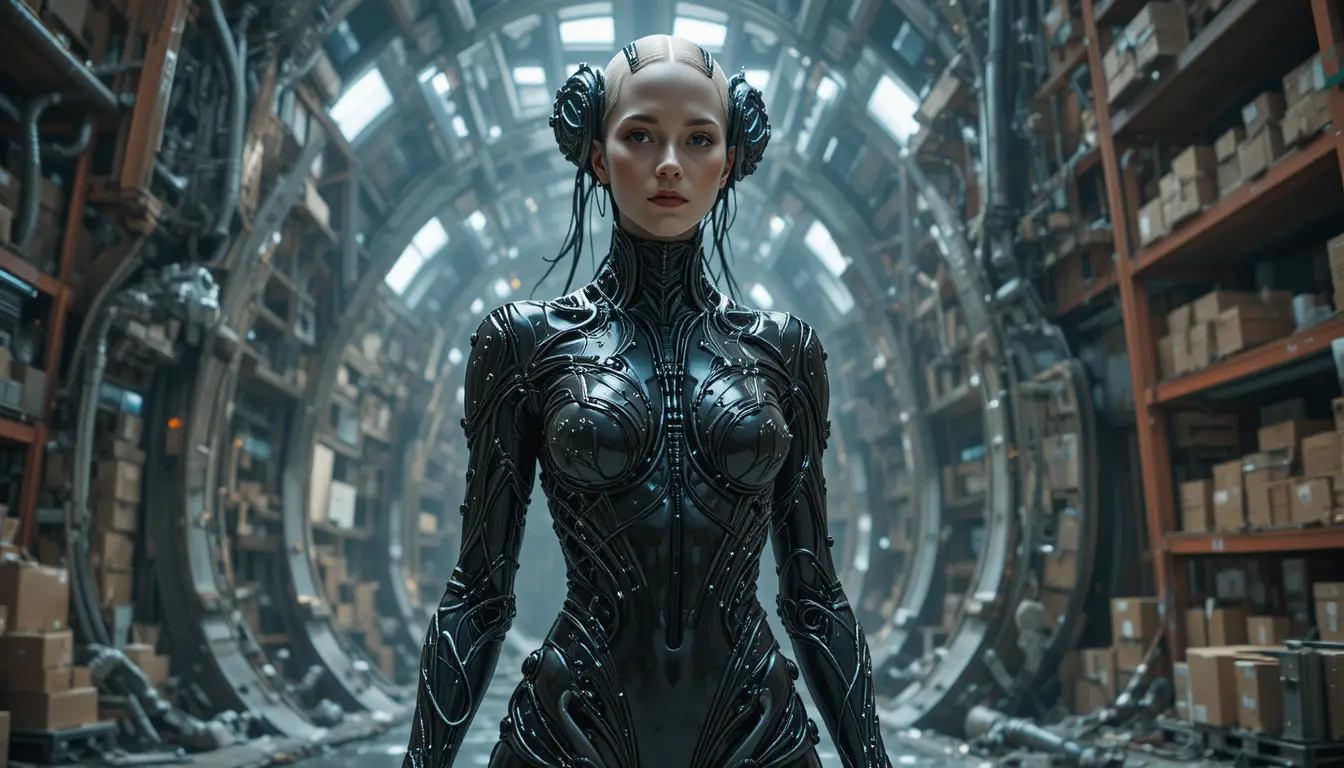 Elegante donna biomeccanica in un immenso hub logistico sci‑fi