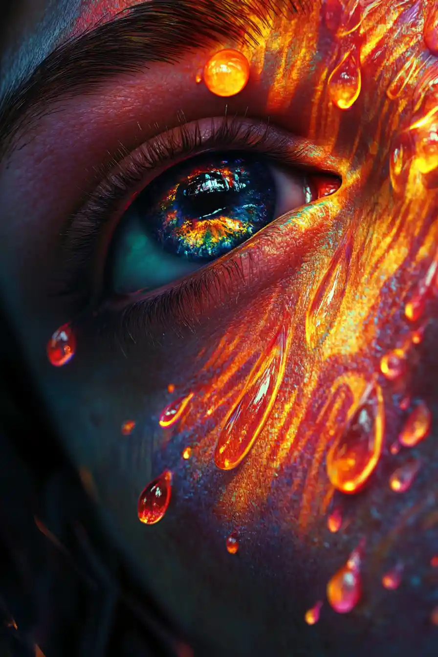 Surreal close up portrait with glowing jeweled face details
