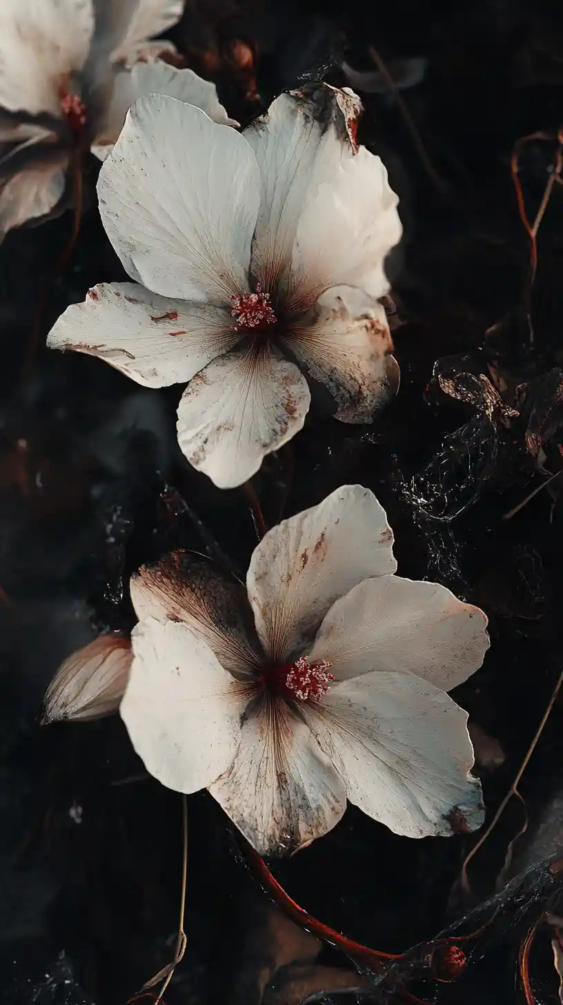 Delicate Flowers Emerging From Shadowed Organic Debris