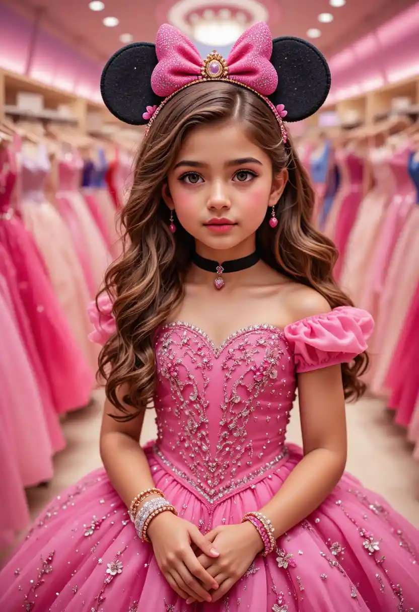 Giovane ragazza nervosa con abito rosa di Minnie in boutique