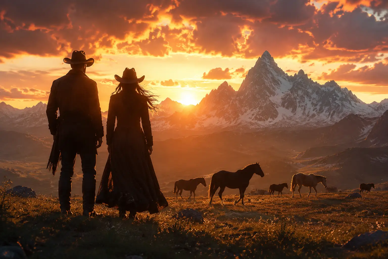 Cowboy and cowgirl silhouettes at sunset with roaming horses
