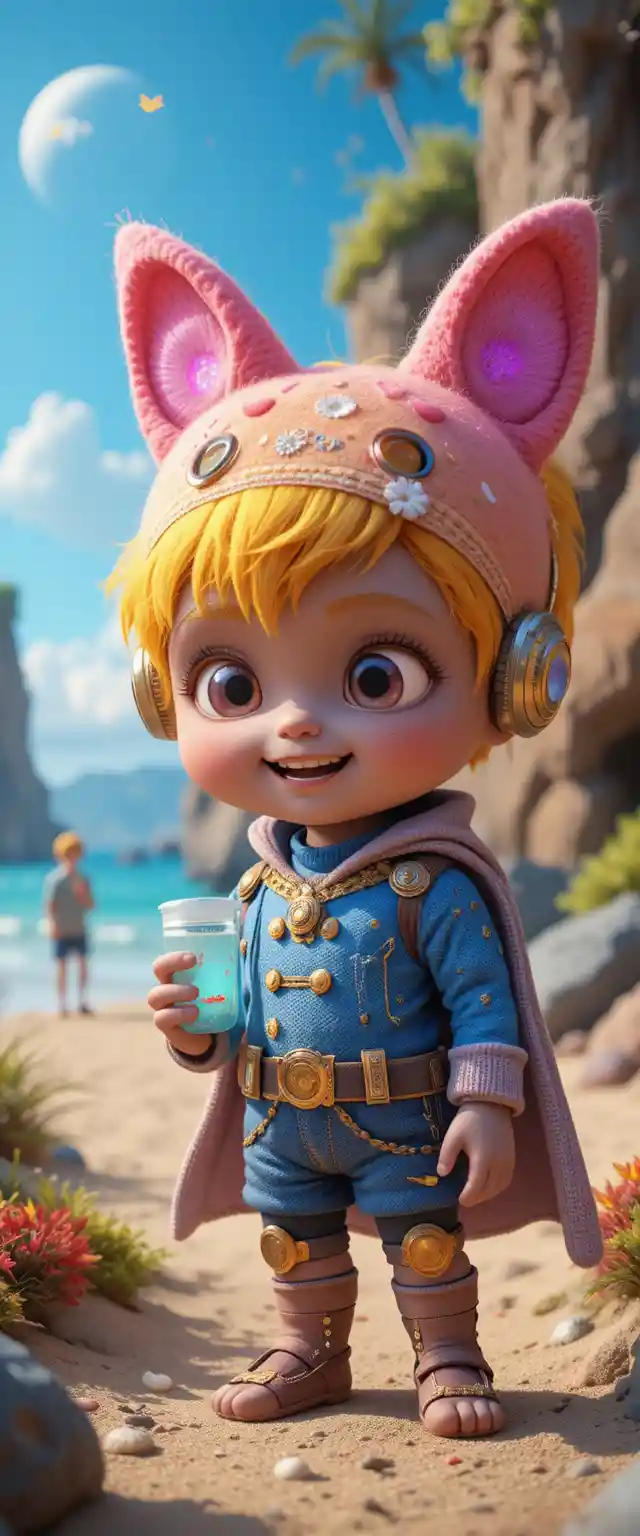 Cute tech heroine girl in colorful 3d fantasy world