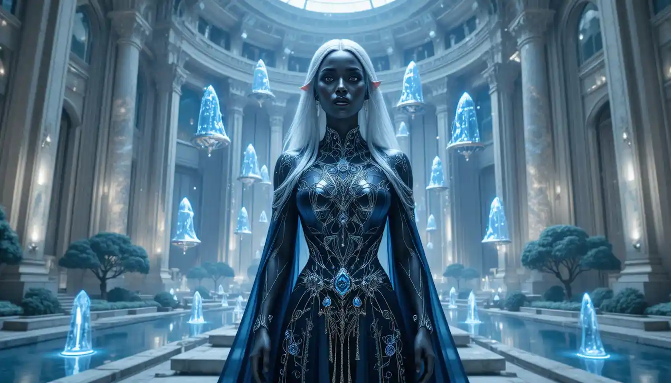 Dark elf philosopher in a celestial twilight temple