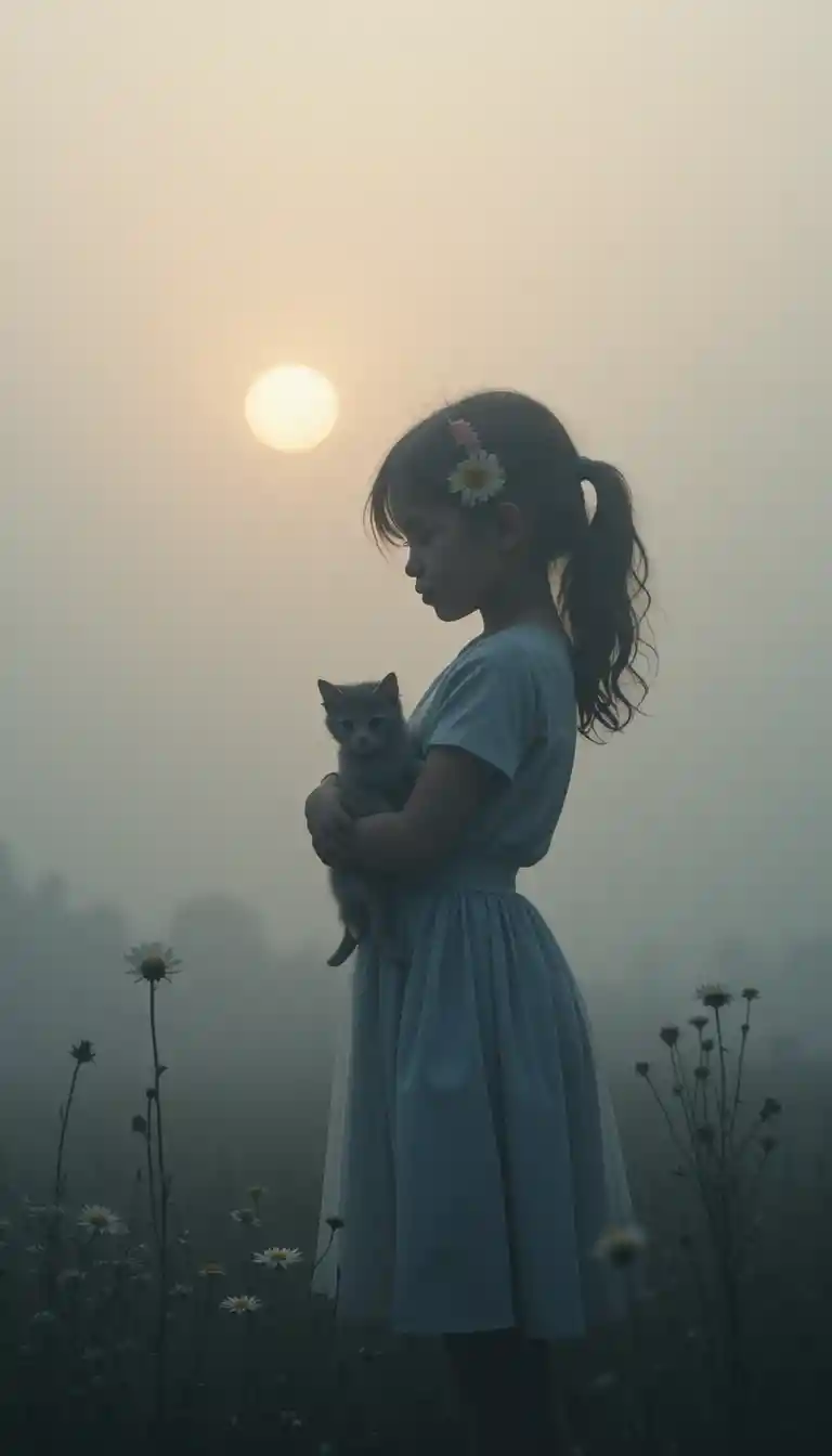 Young girl holding a kitten in soft pastel morning haze