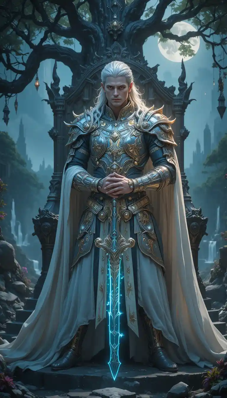 Elf warrior king on a shattered obsidian throne