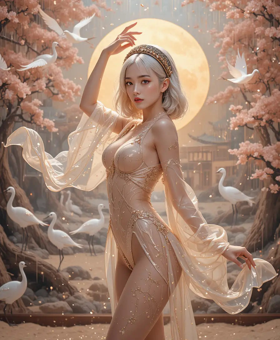 Woman dancing amid shimmering golden particles indoors