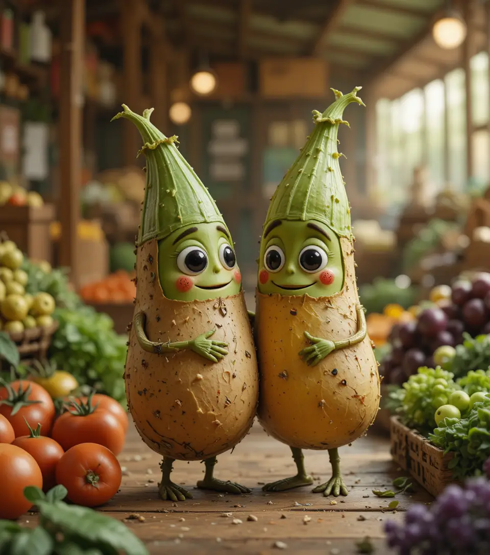 Romantische Liebesgeschichte zwischen einer Kartoffel und einer Okra auf einem Markt
