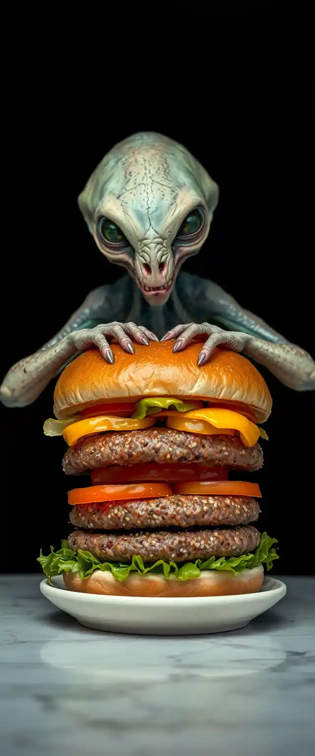 Double burger on white ceramic plate in studio style