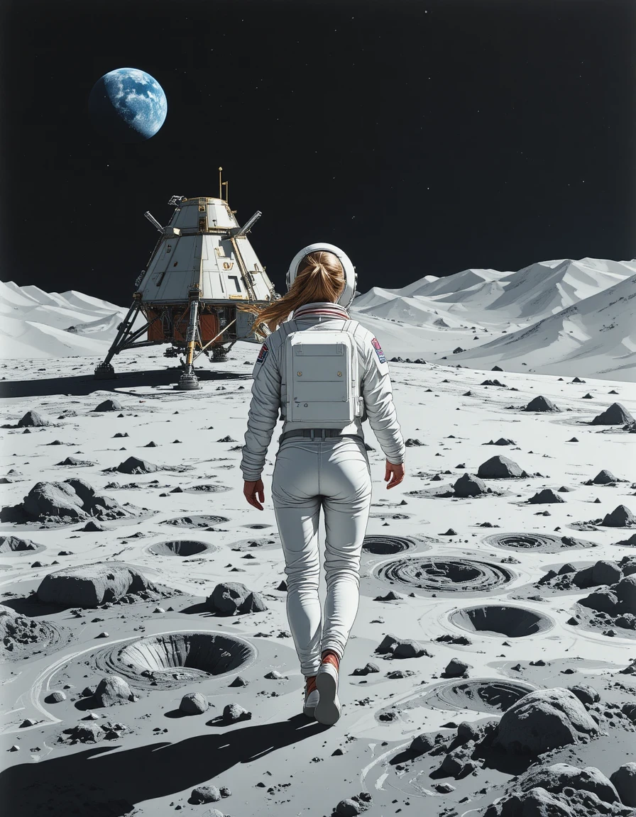 Woman astronaut walking across the moon with earth behind
