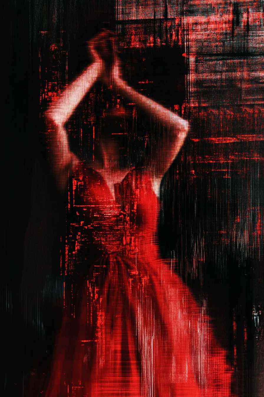 Woman reflected as a red twin in a cracked frame