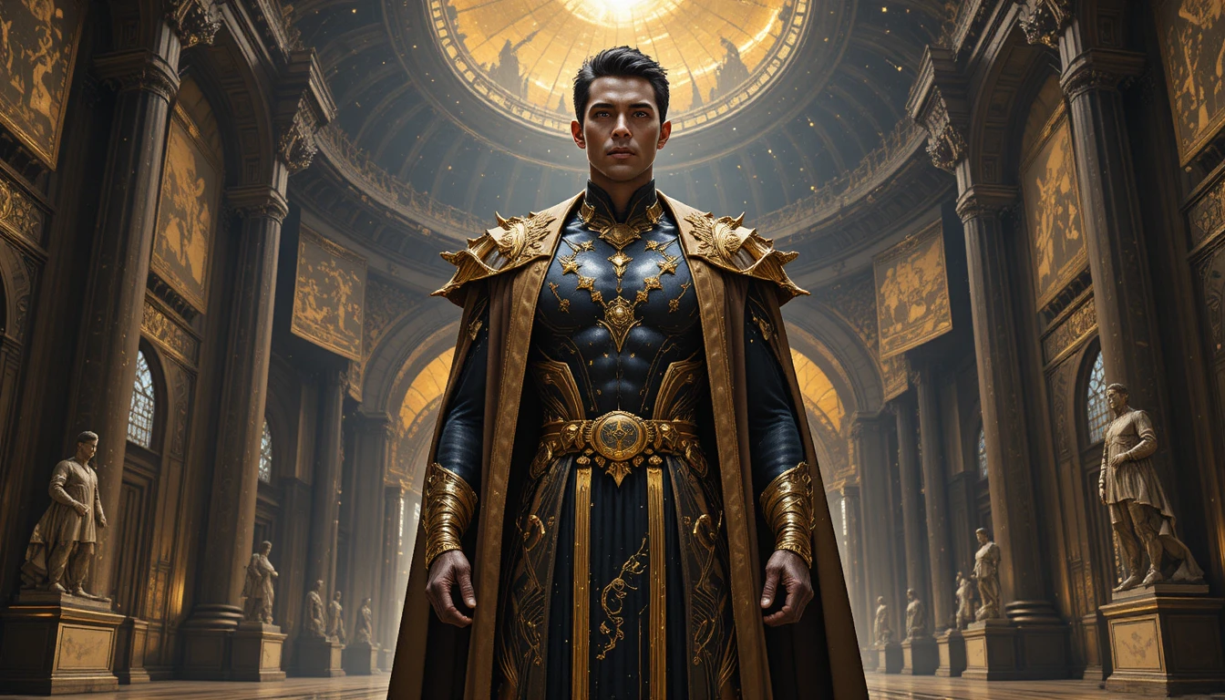 Legendary scholar strategist in a grand golden fantasy hall