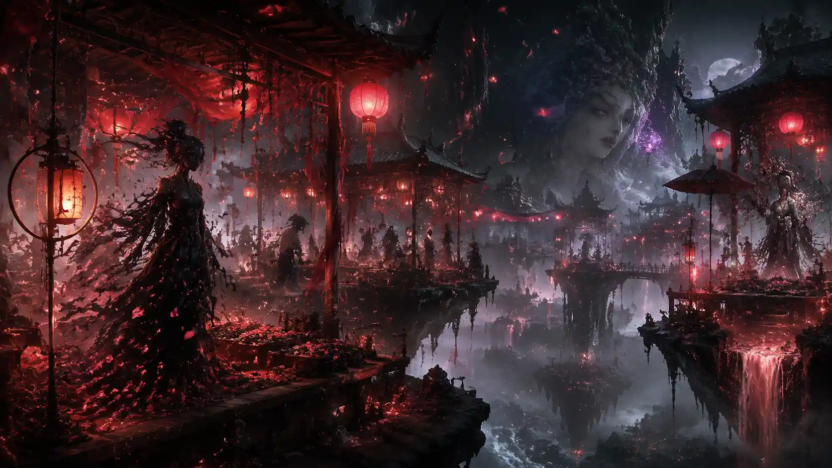 Mercato notturno fluttuante con lanterne in un cielo fantasy inquietante
