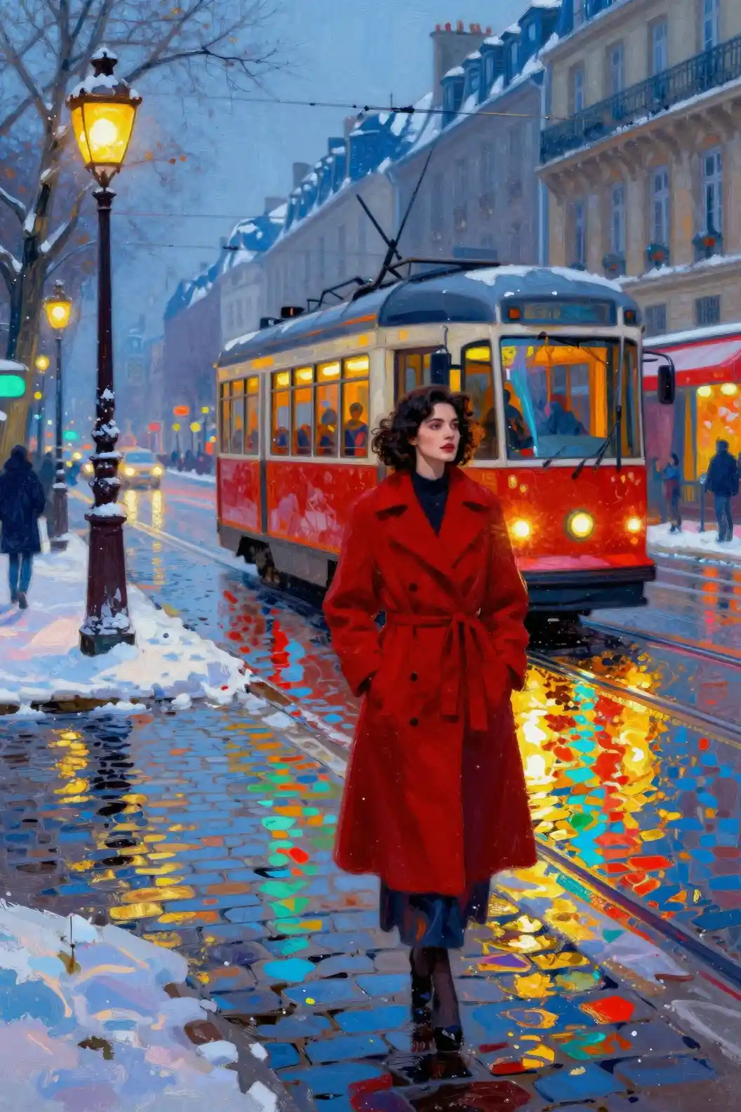 Stylish woman in red coat on a snowy Paris street